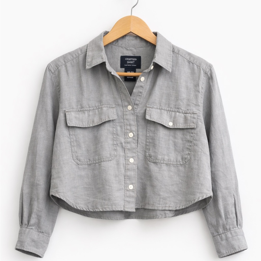 GAP 100% Linen Cropped Button Down Shirt Gray XXS Women Lagenlook